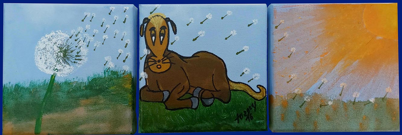 Trilogie Pferd Oppi mit Pusteblume in der Abendsonne